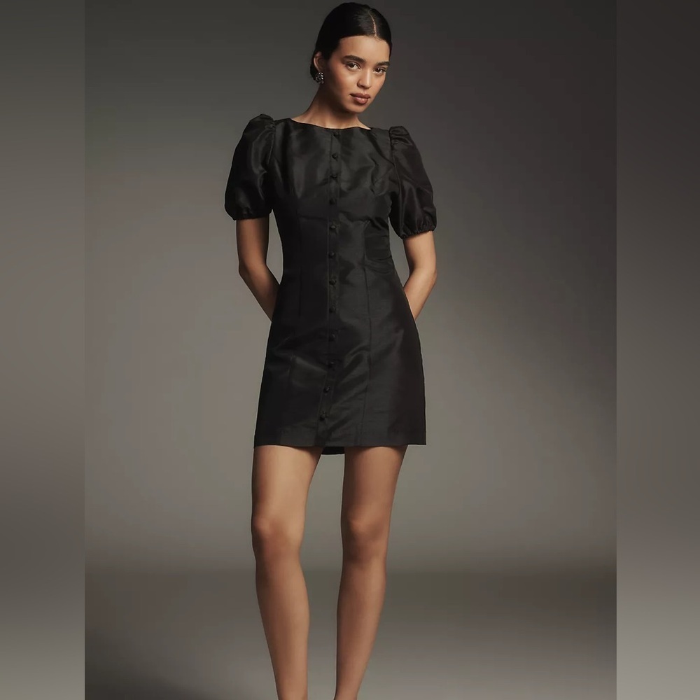NWT Hutch Cove Black Boat Neck Button Front Puff Sleeve Mini Dress- Small - Picture 4 of 14